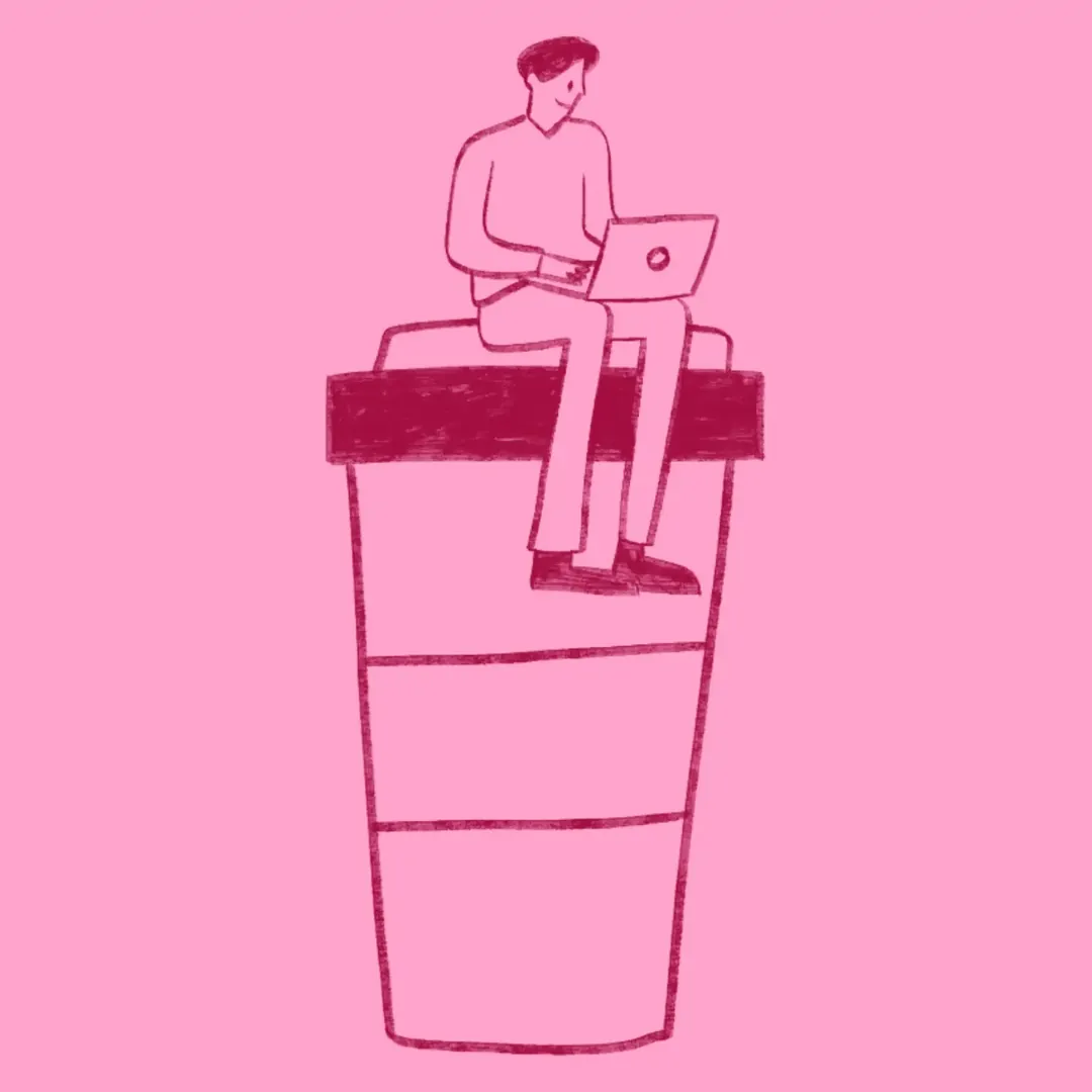 line drawing of someone on a laptop, sitting on top of a giant coffee cup